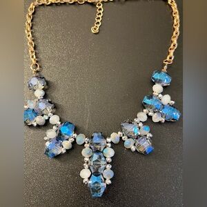 Statement SilverTone Glass Crystals Blue Floral Bib Pendant Art Deco Style